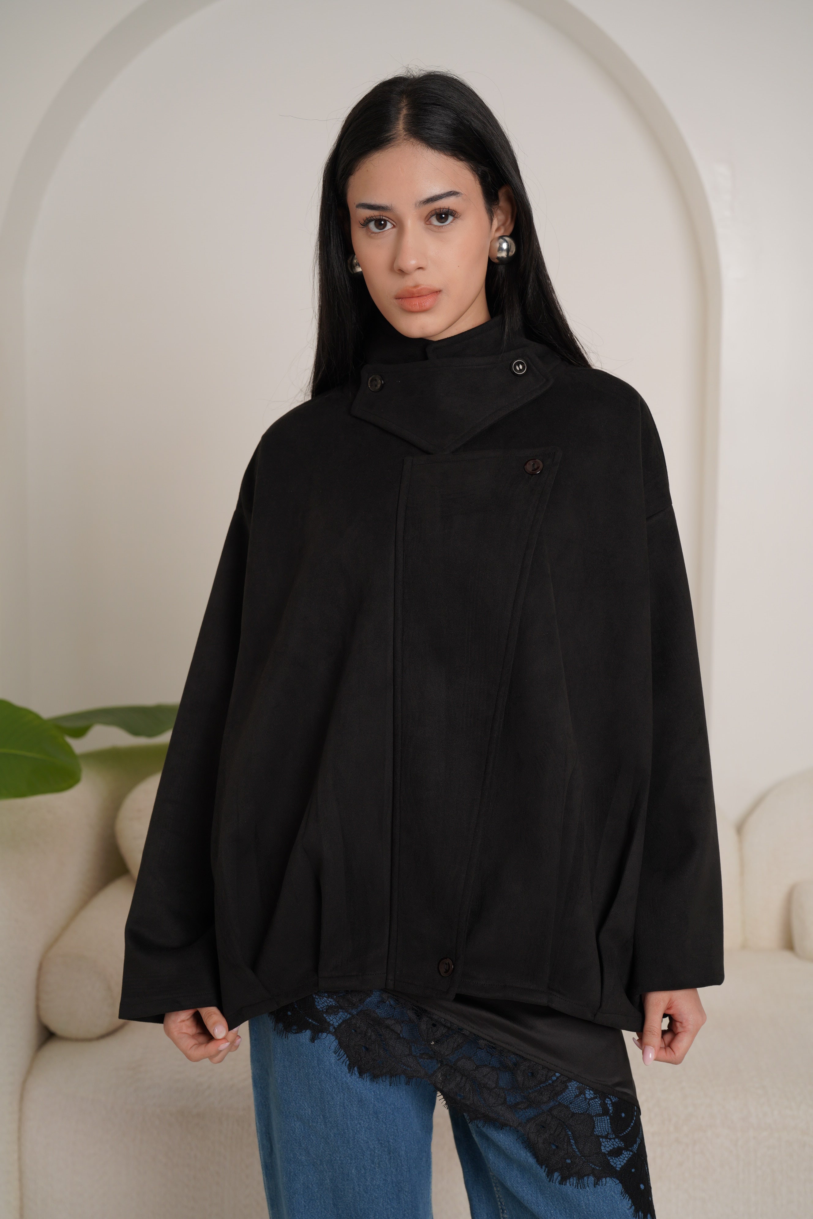 High neck chamois jacket-black