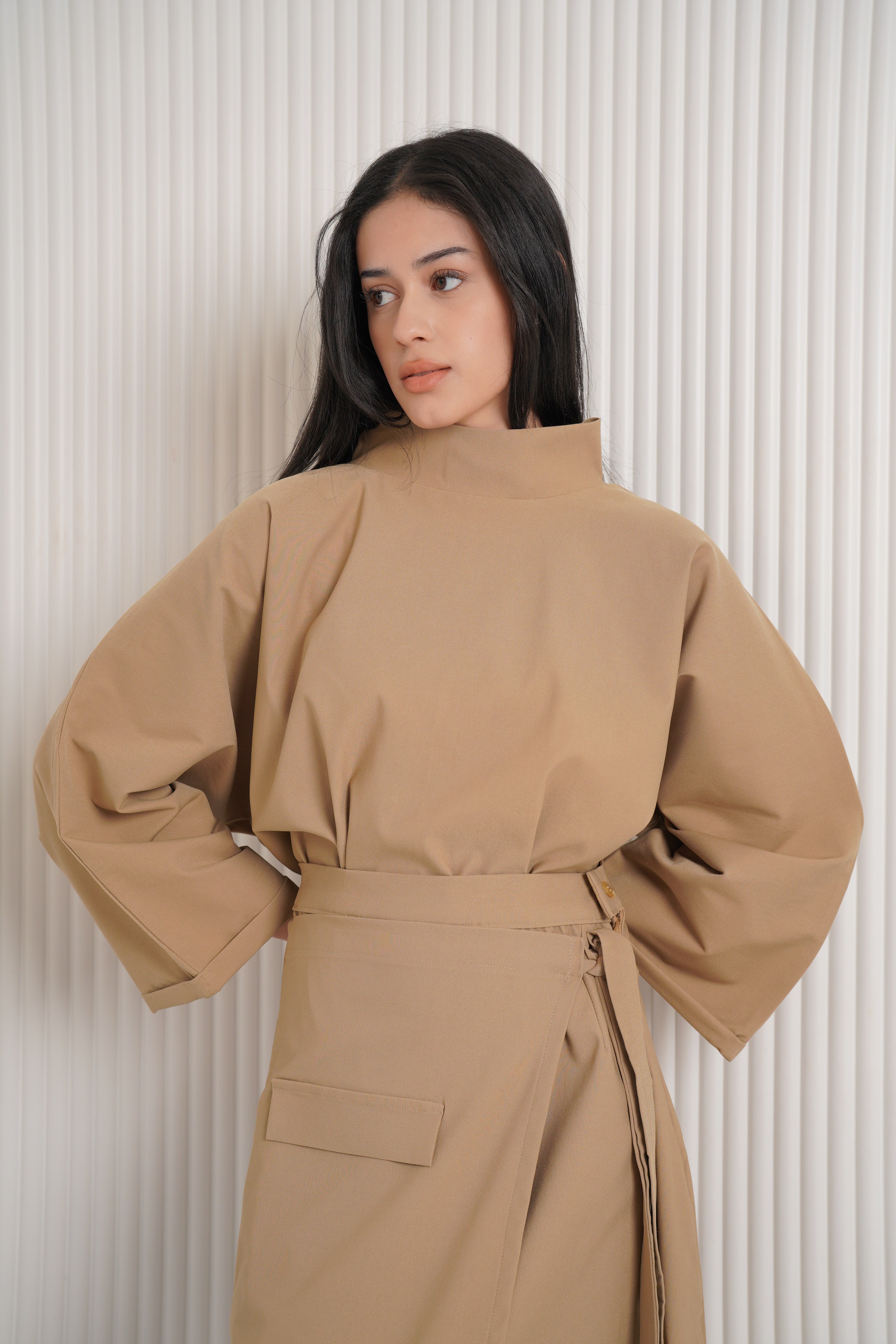 Gabardine lycra two-piece set -beige