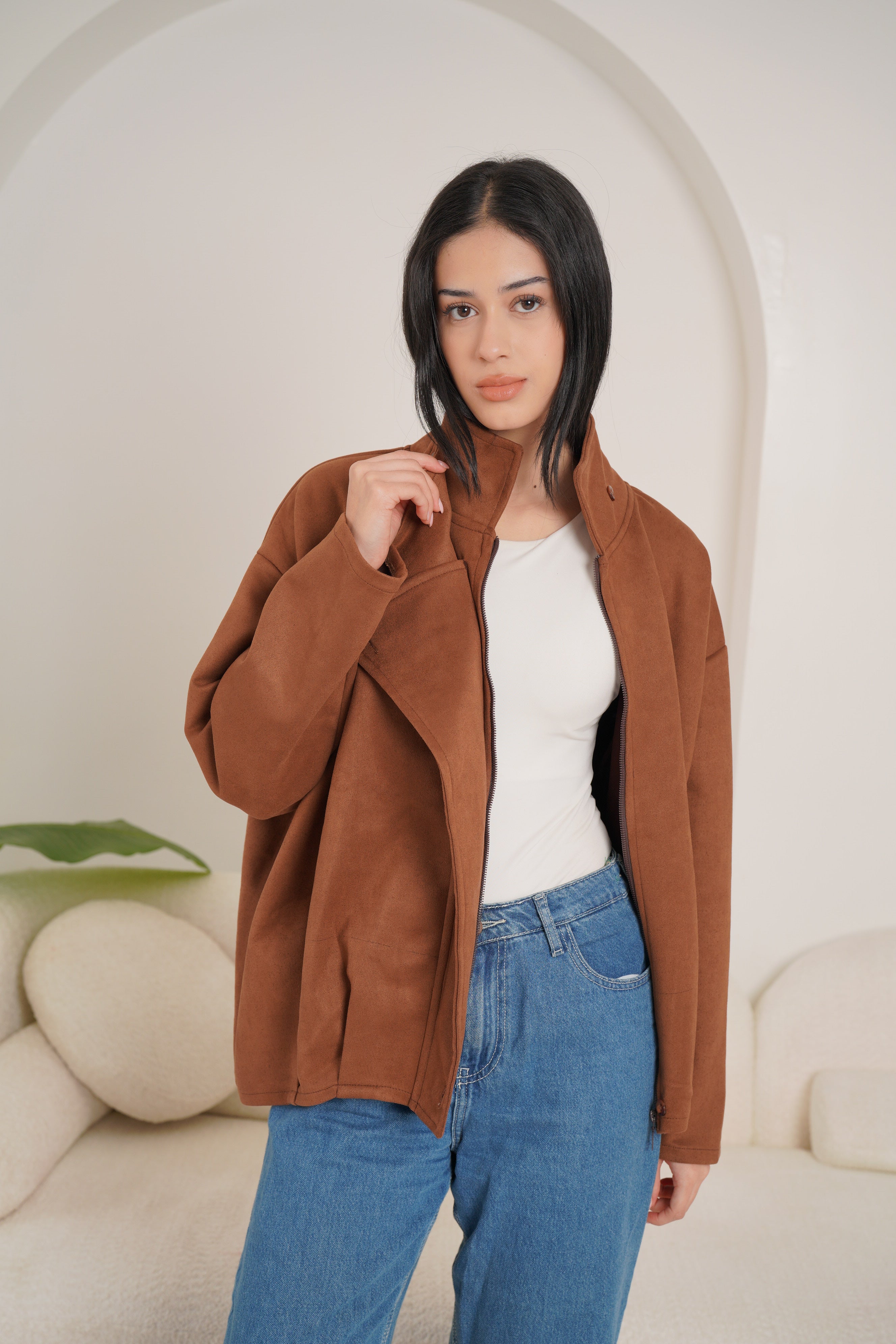 High neck chamois jacket-brown