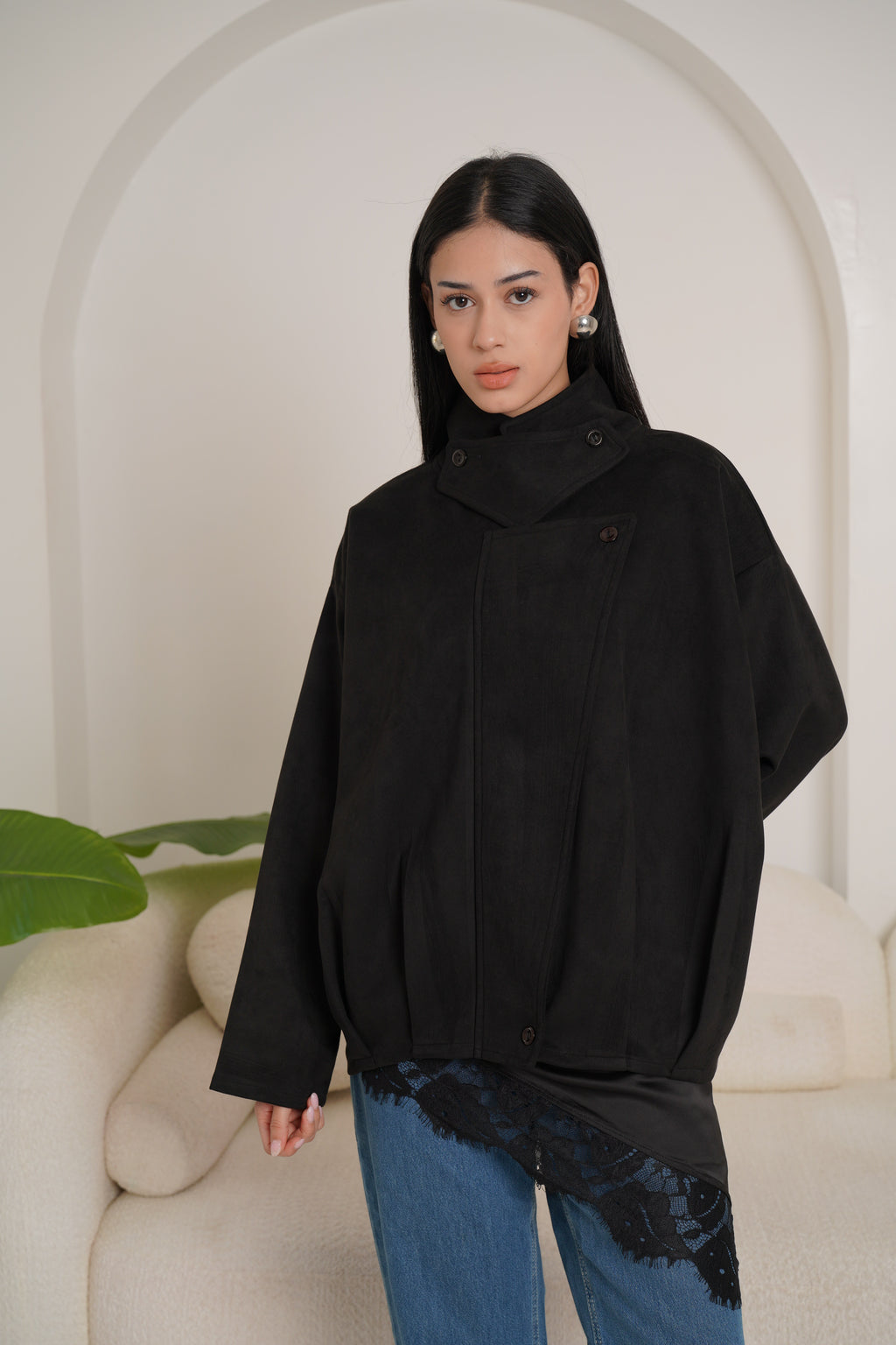 High neck chamois jacket-black
