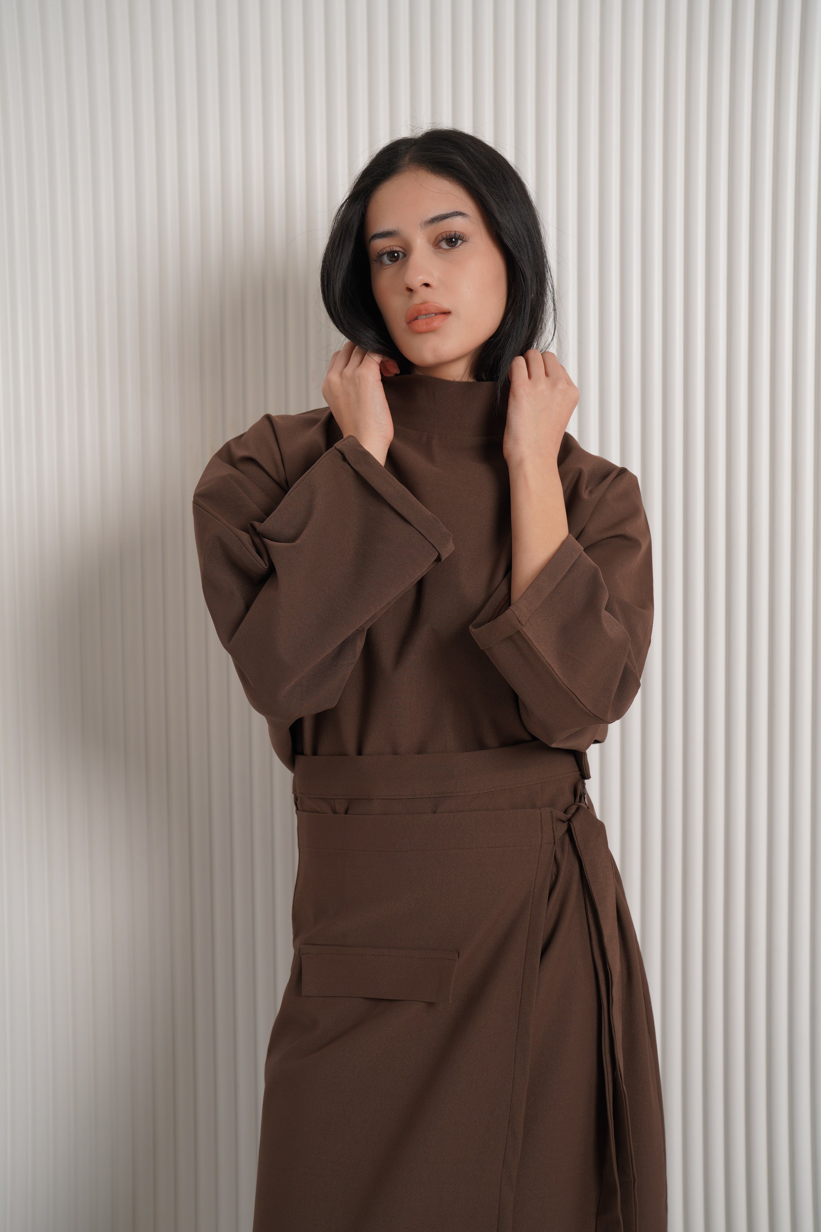 Gabardine lycra two-piece set -Brown