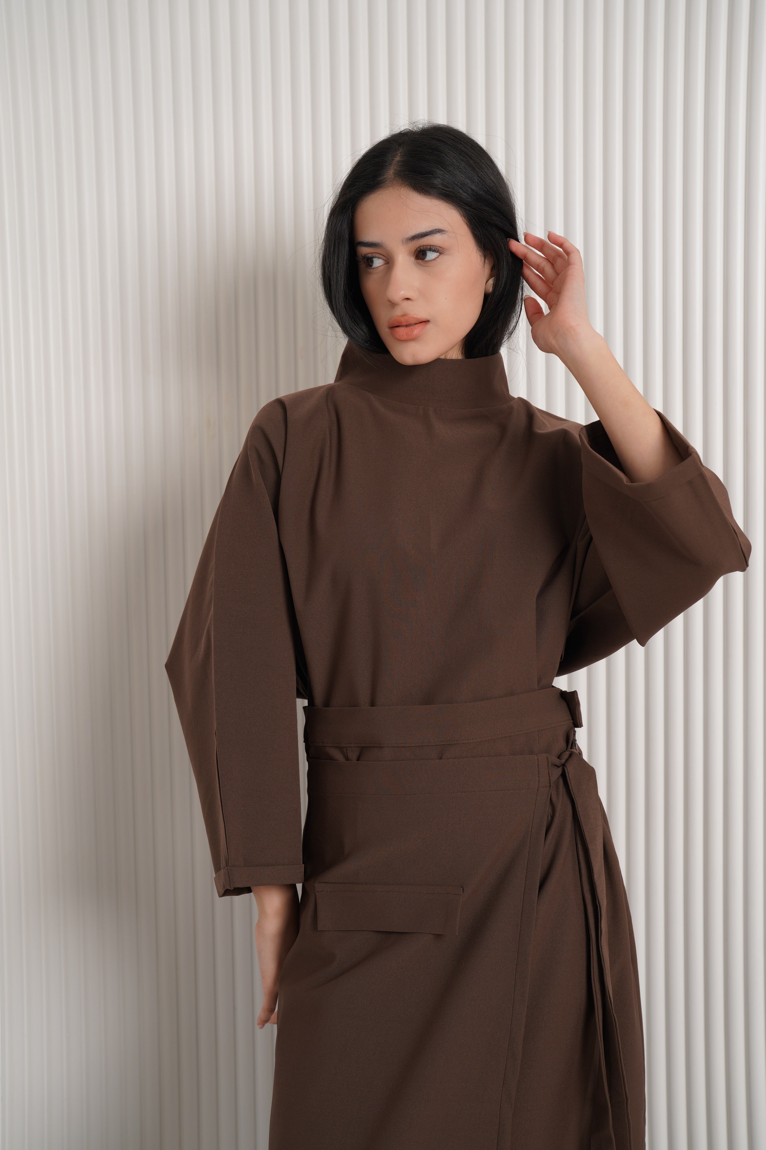 Gabardine lycra two-piece set -Brown