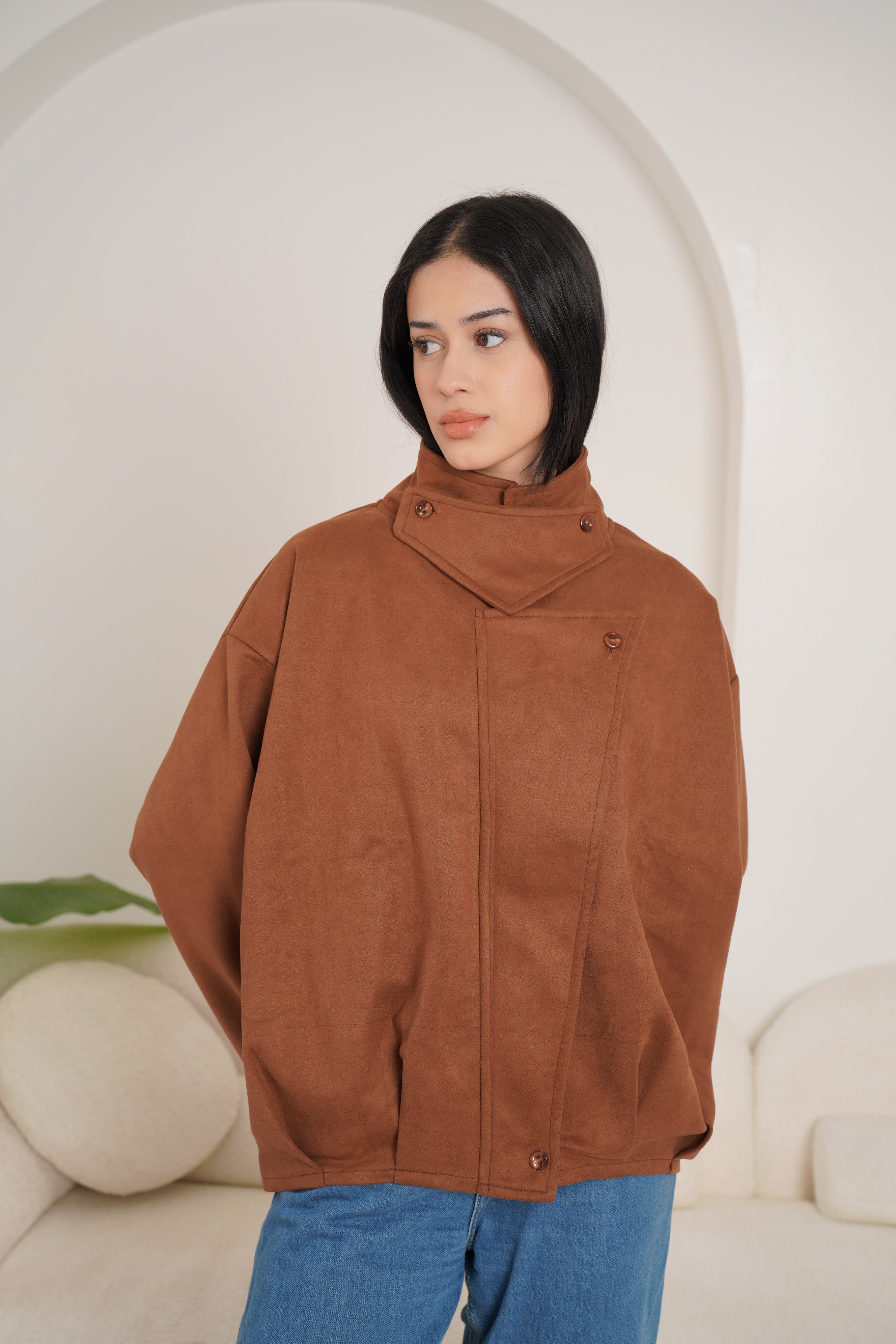 High neck chamois jacket-brown