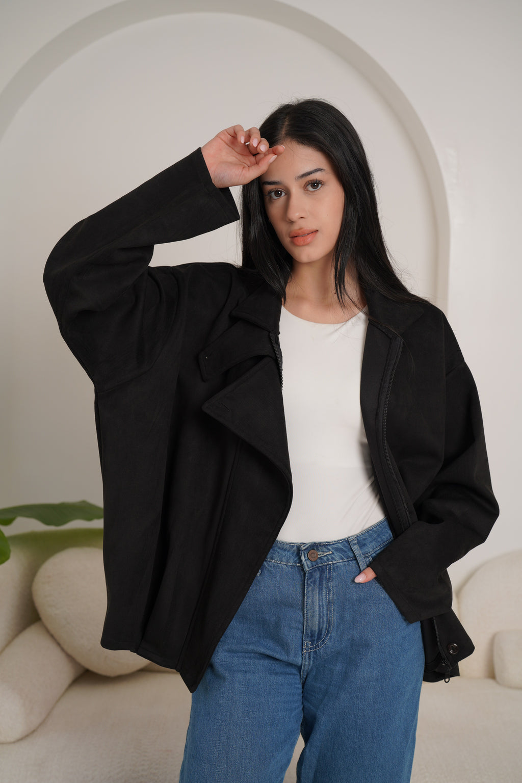 High neck chamois jacket-black