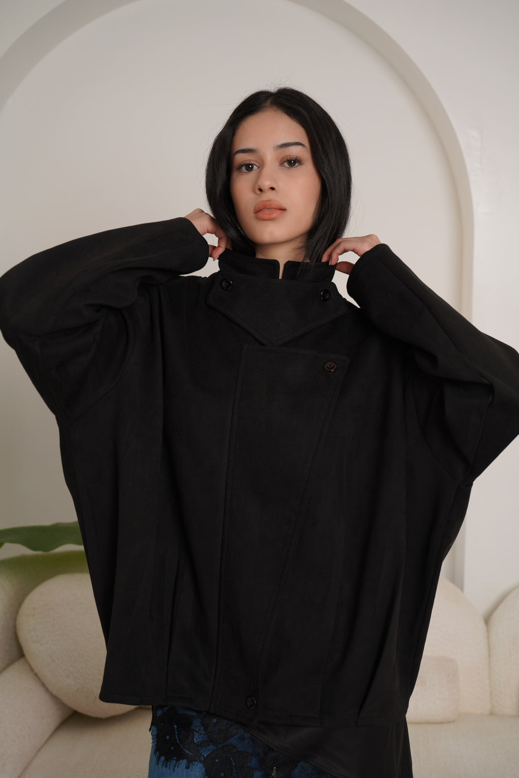 High neck chamois jacket-black