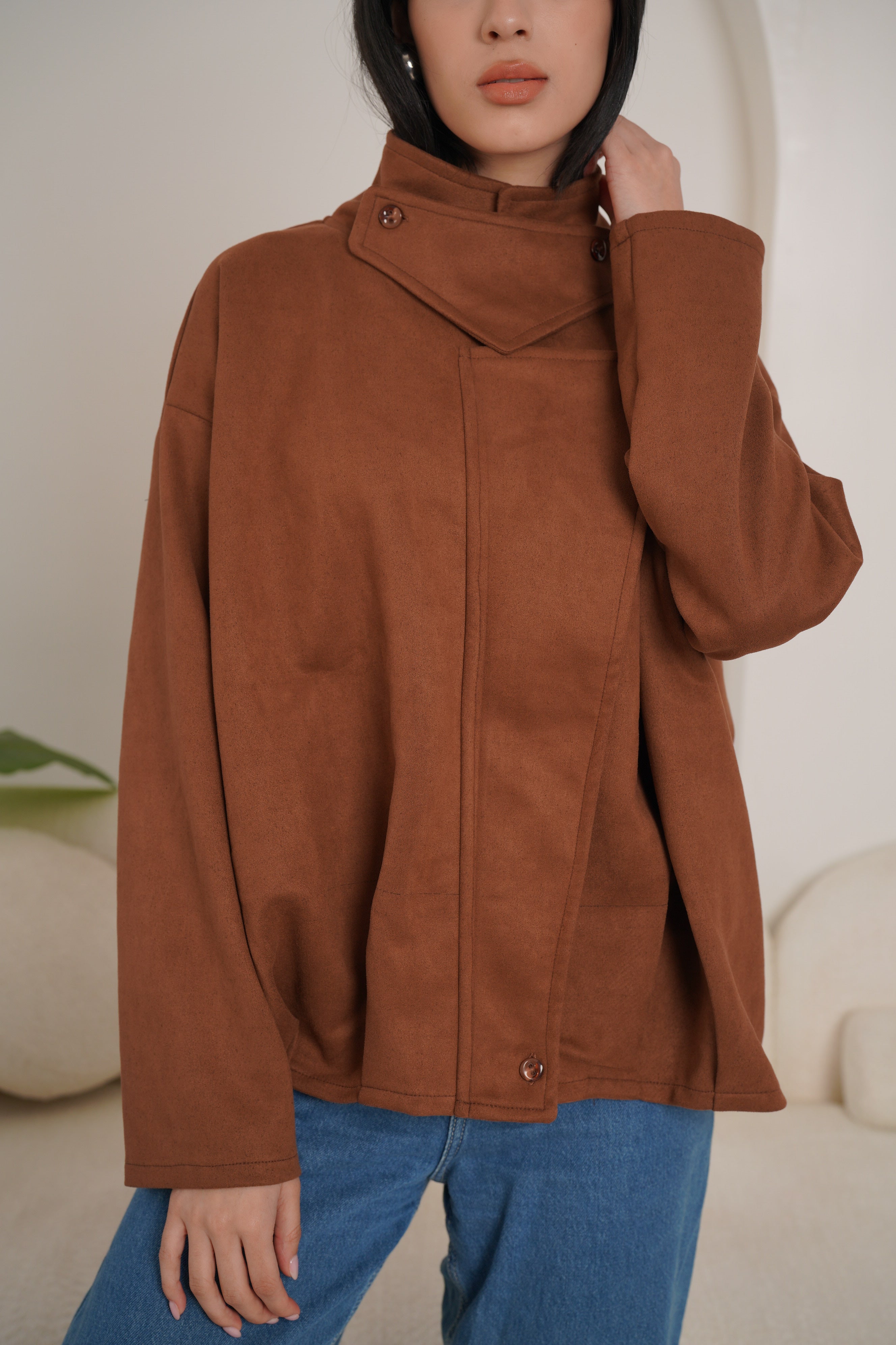 High neck chamois jacket-brown