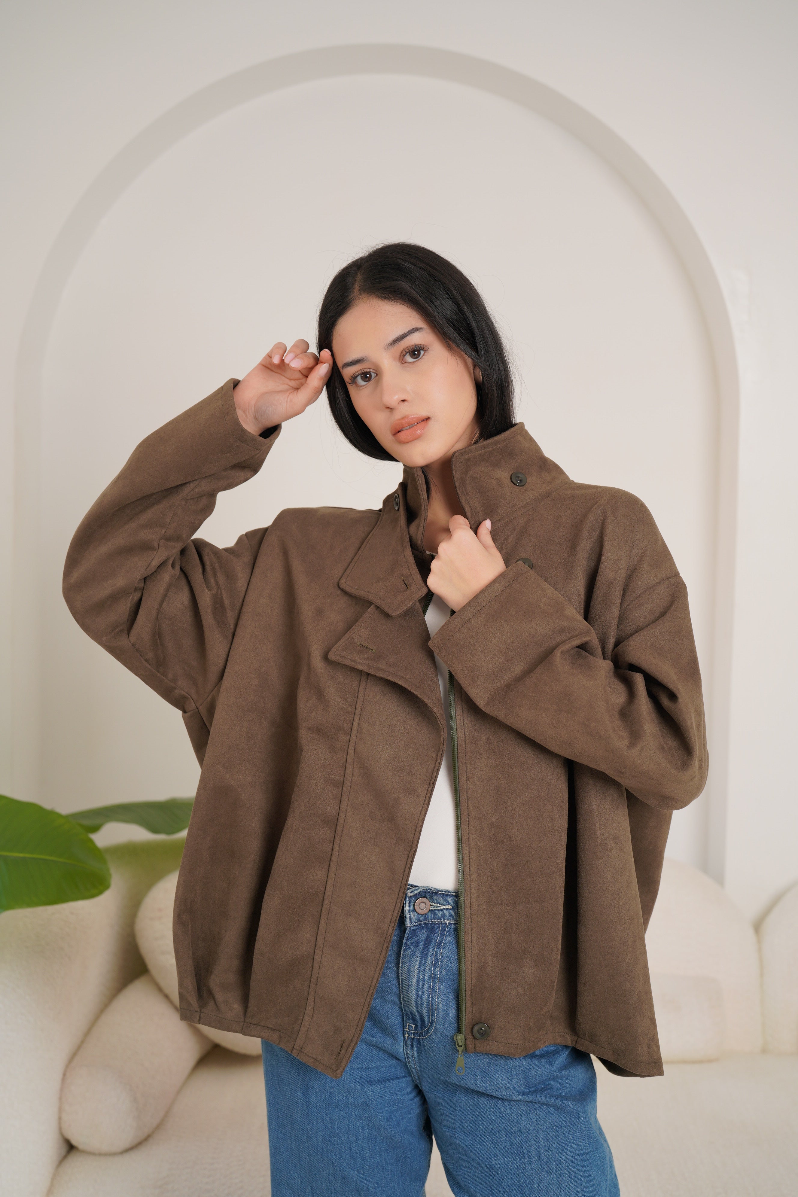 High neck chamois jacket-olive