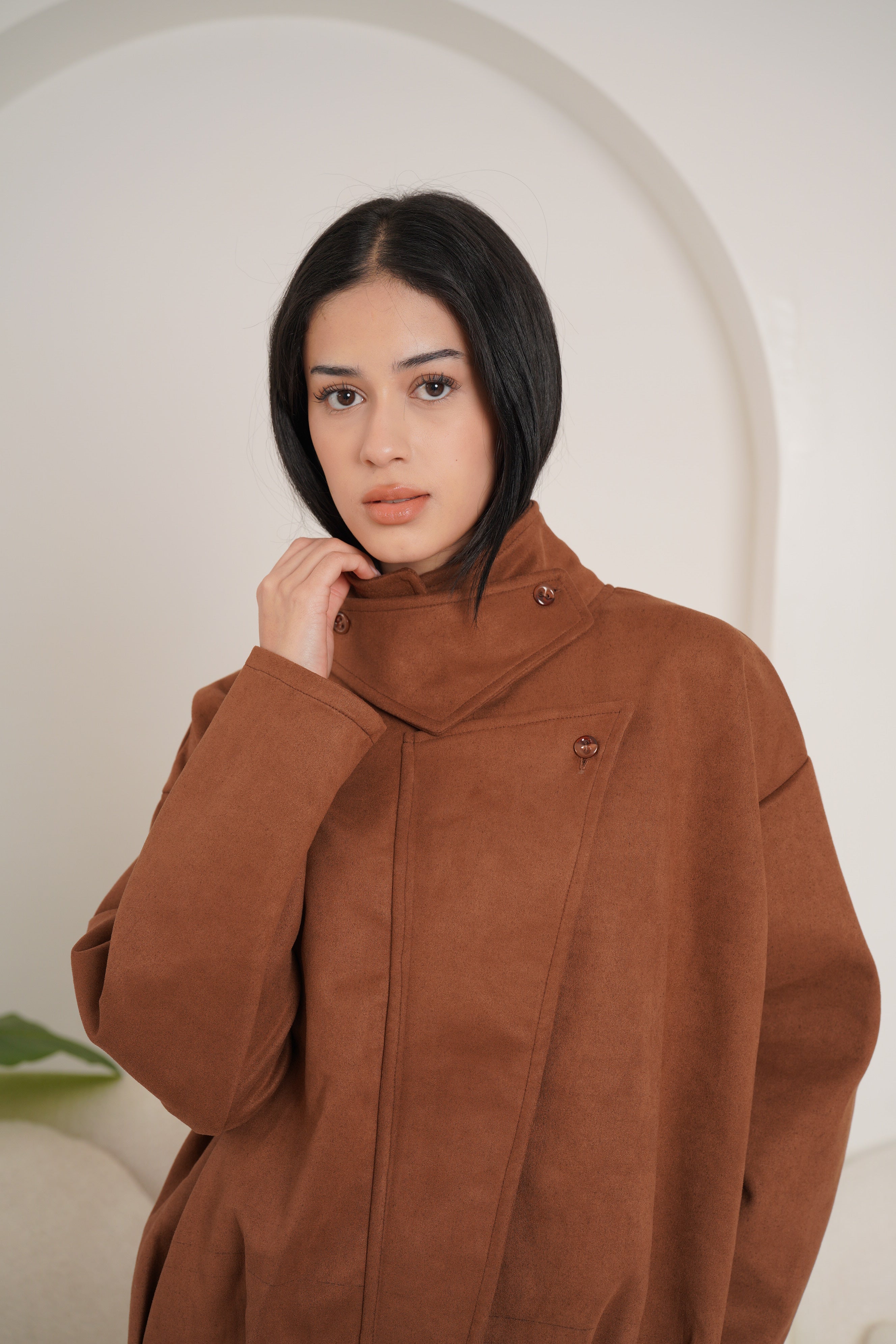 High neck chamois jacket-brown
