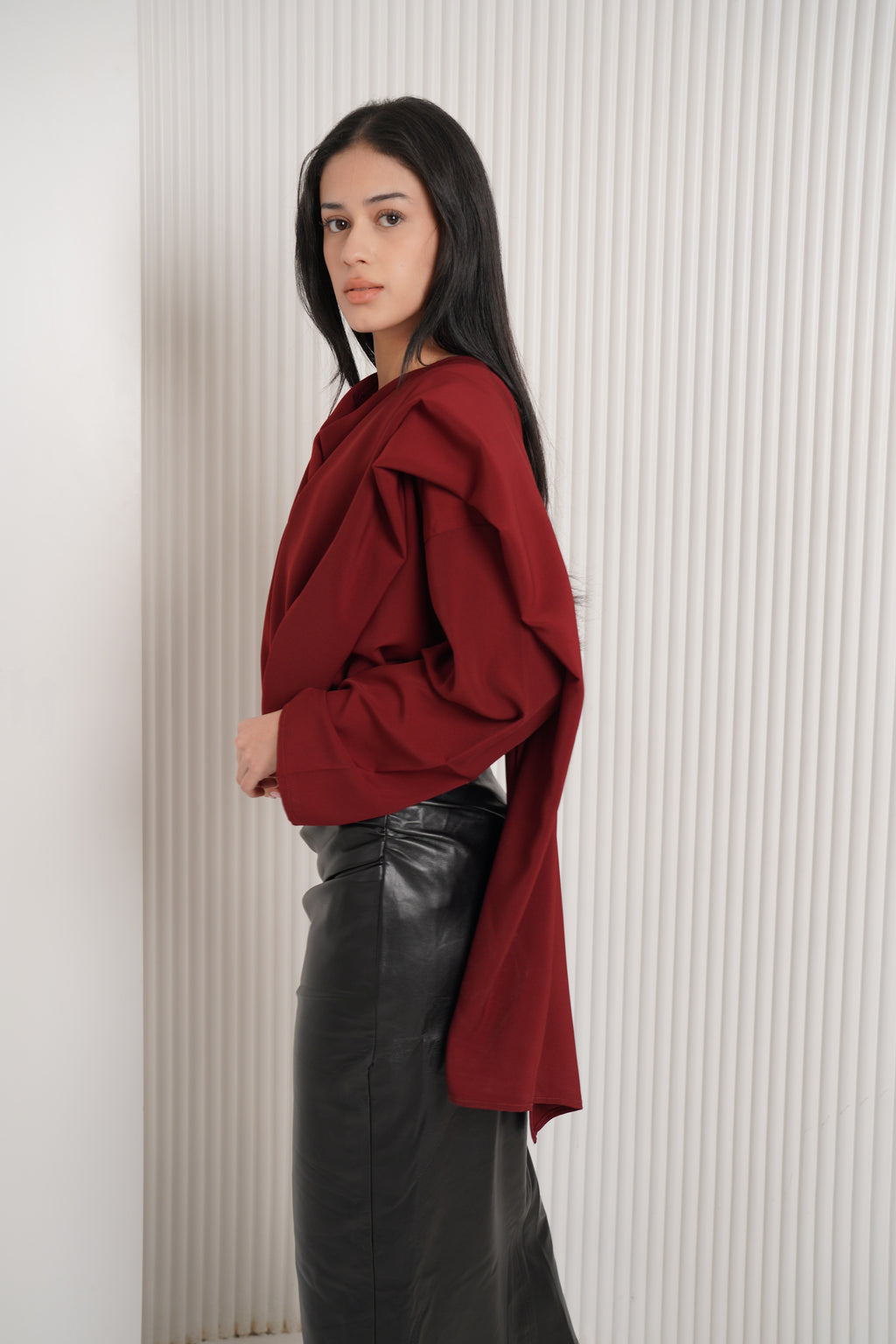 The multi-way blouse in maroon