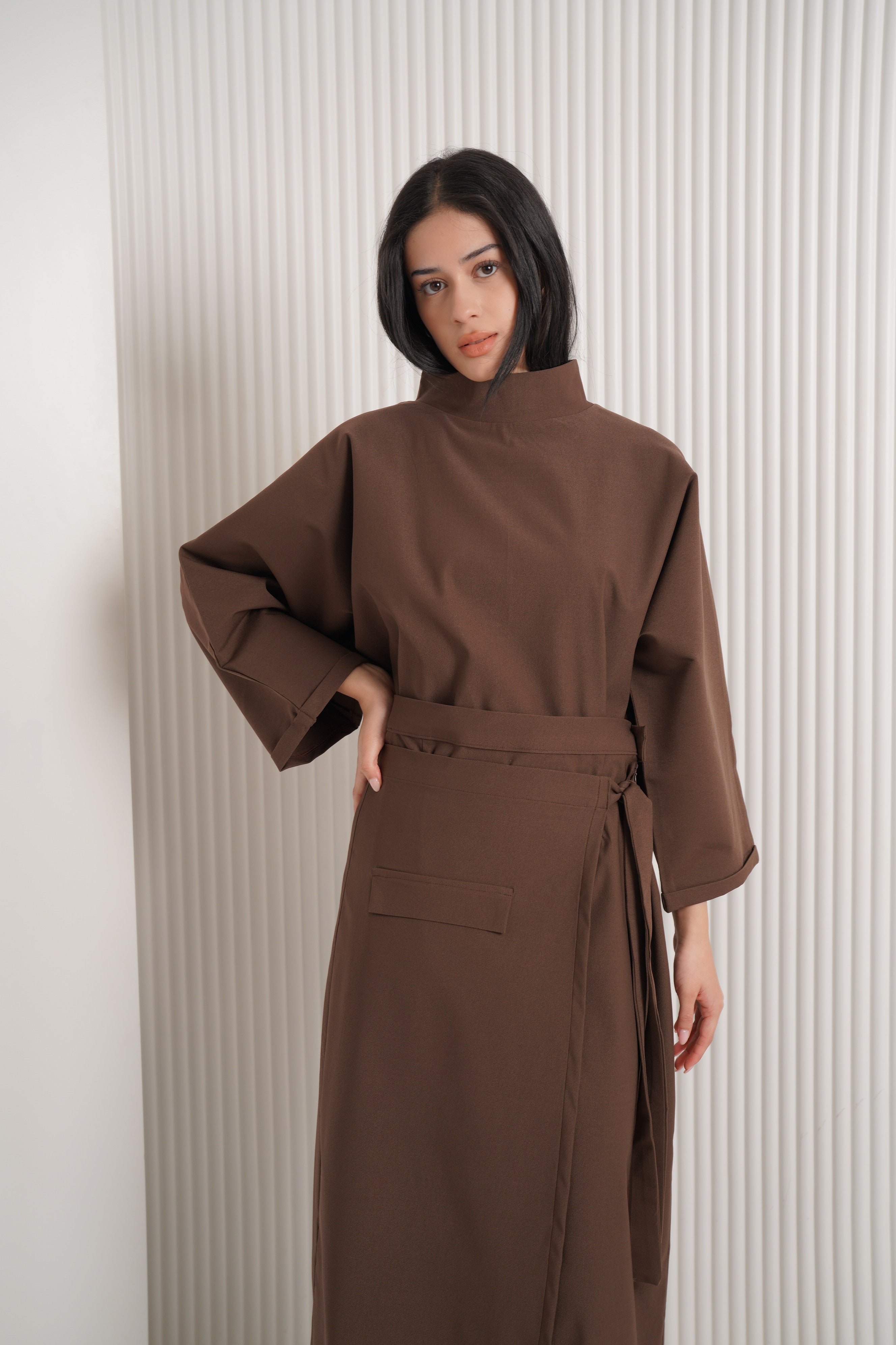 Gabardine lycra two-piece set -Brown
