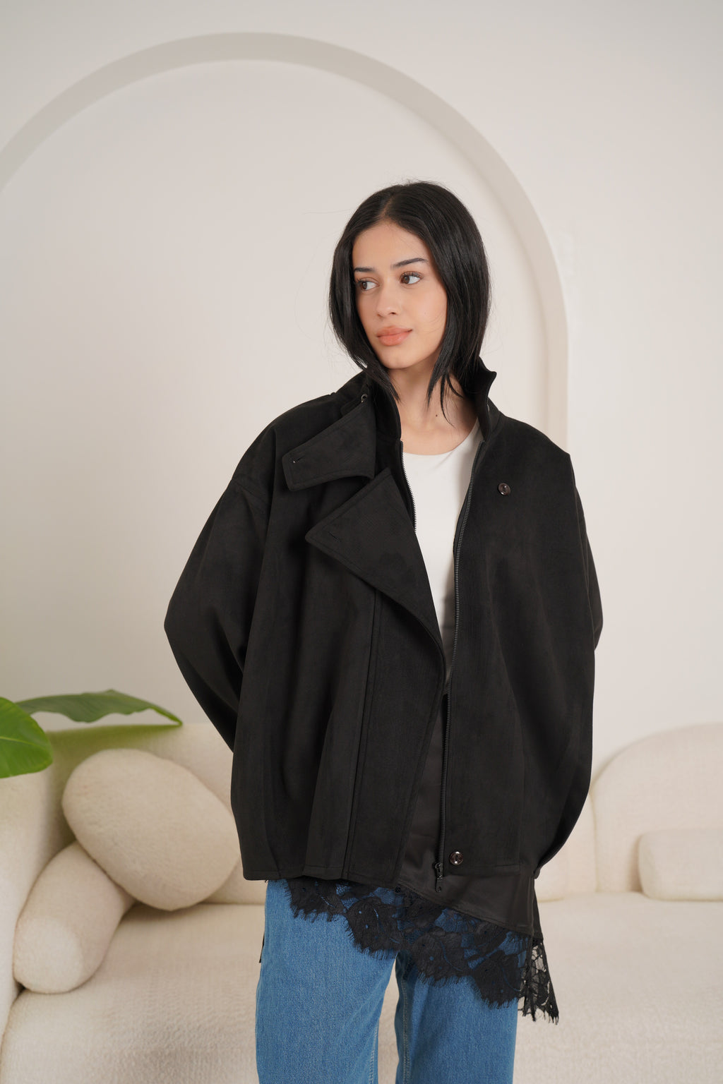 High neck chamois jacket-black