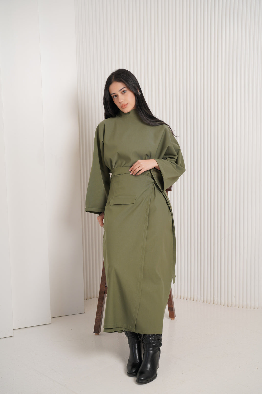 Gabardine lycra two-piece set -olive