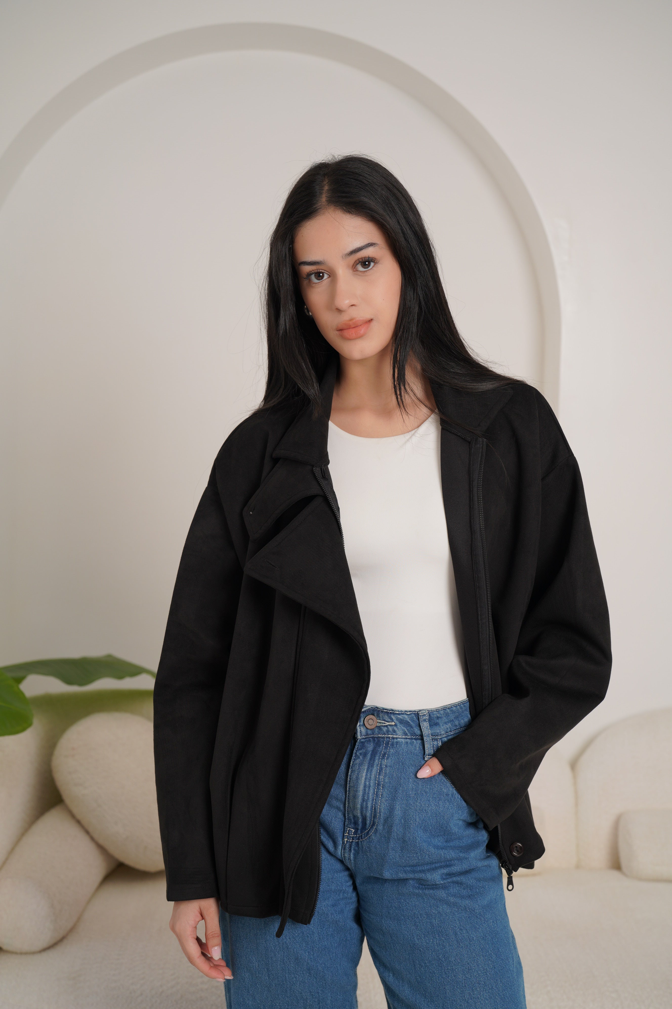 High neck chamois jacket-black