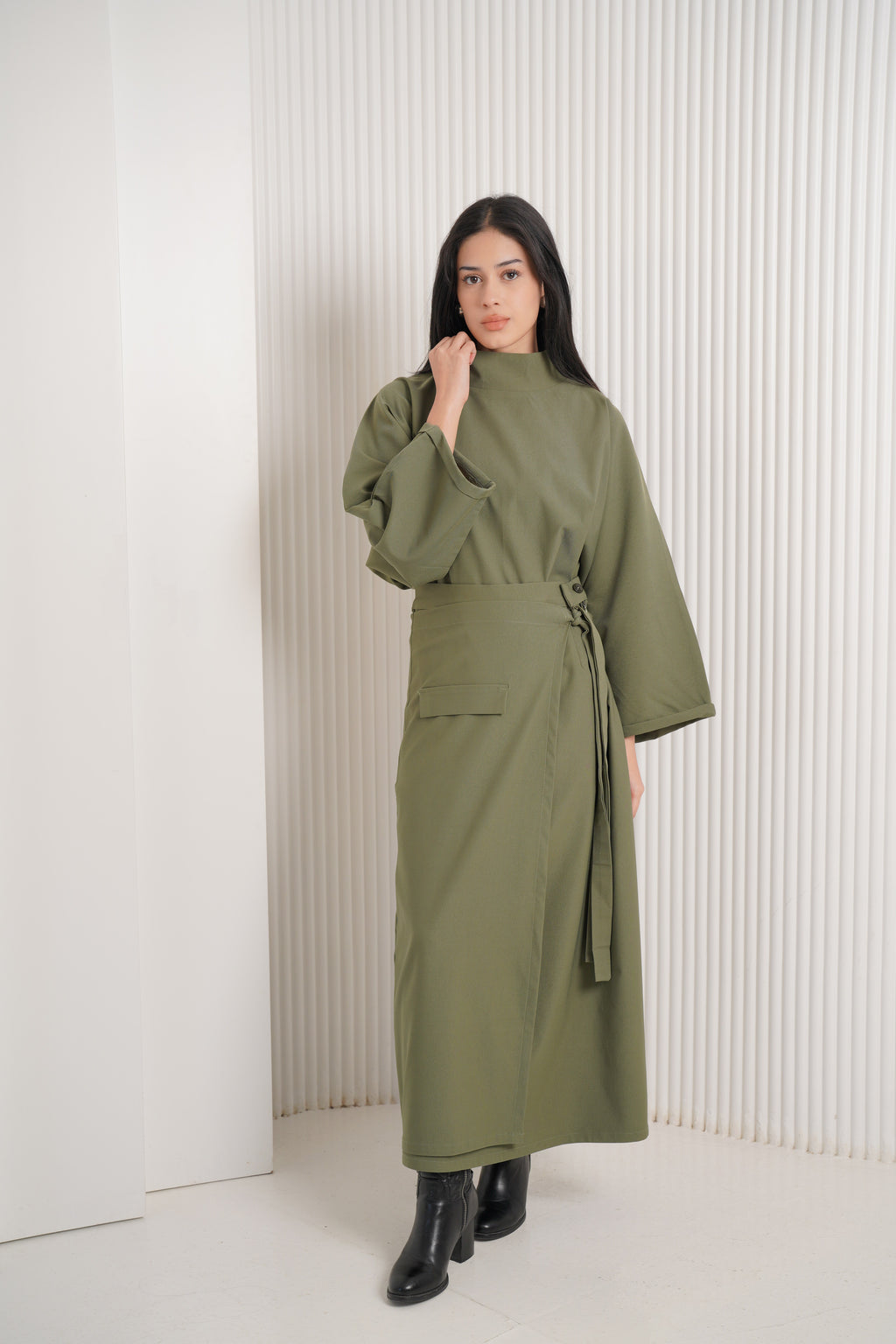 Gabardine lycra two-piece set -olive