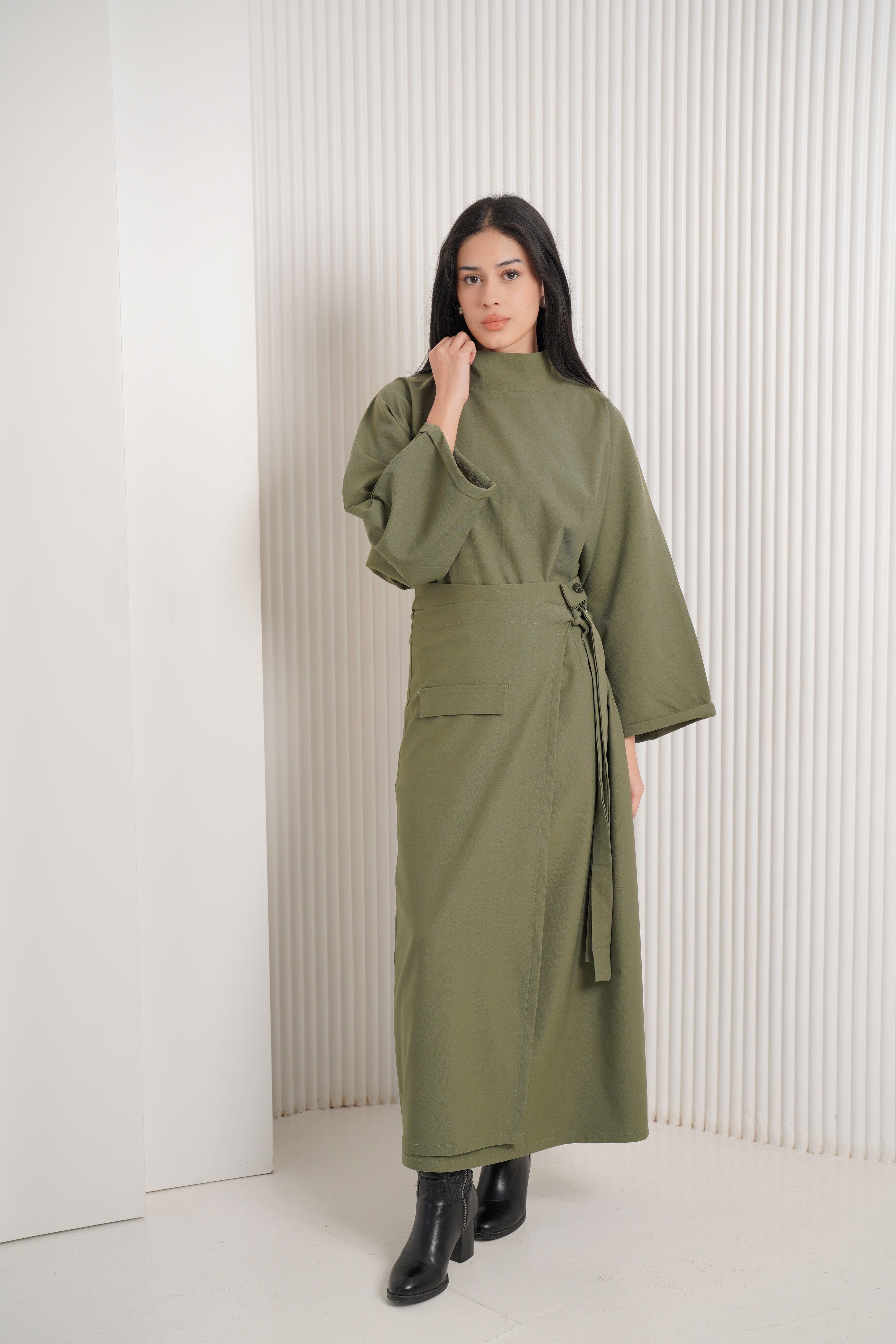 Gabardine lycra two-piece set -olive