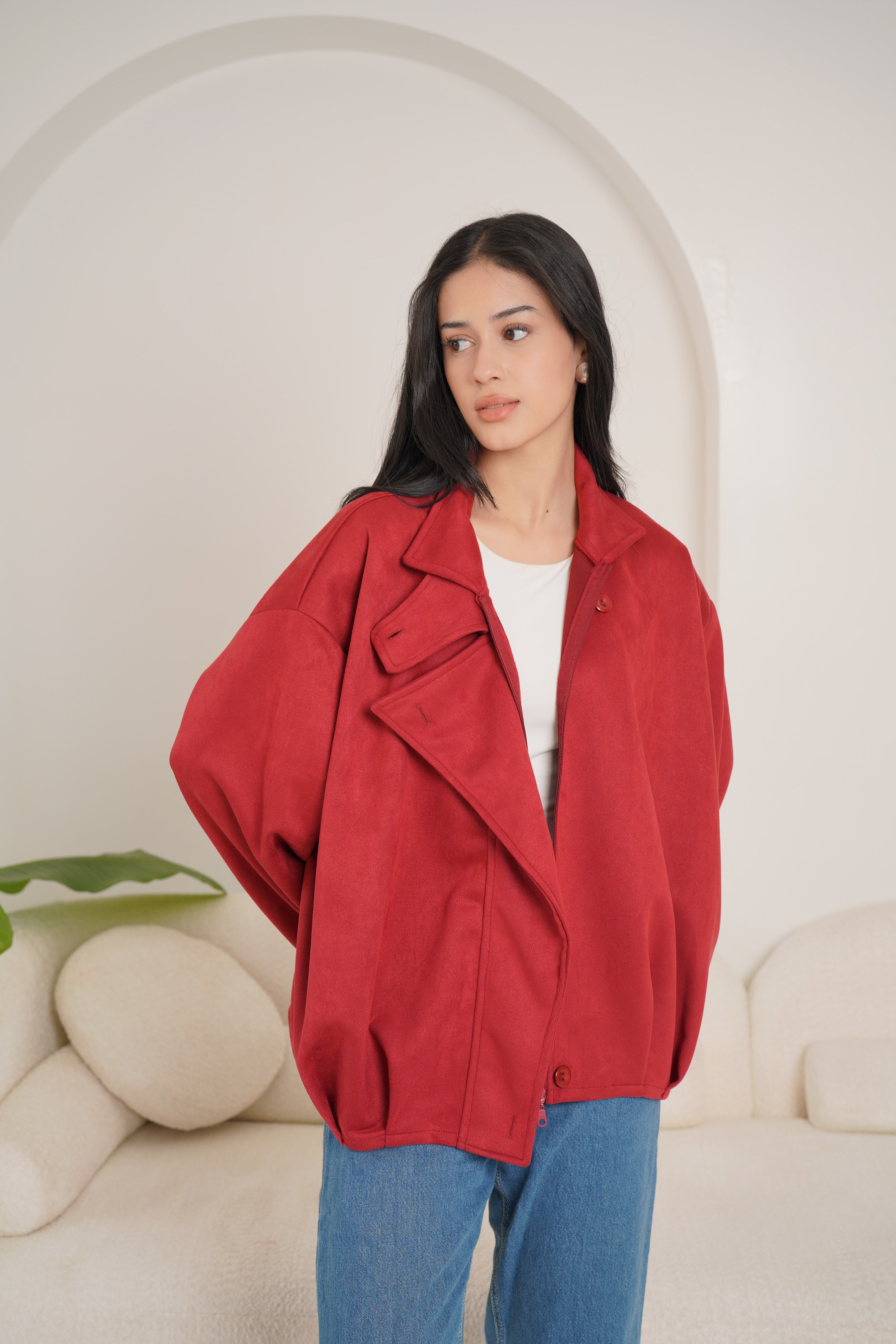 High neck chamois jacket-Maroon
