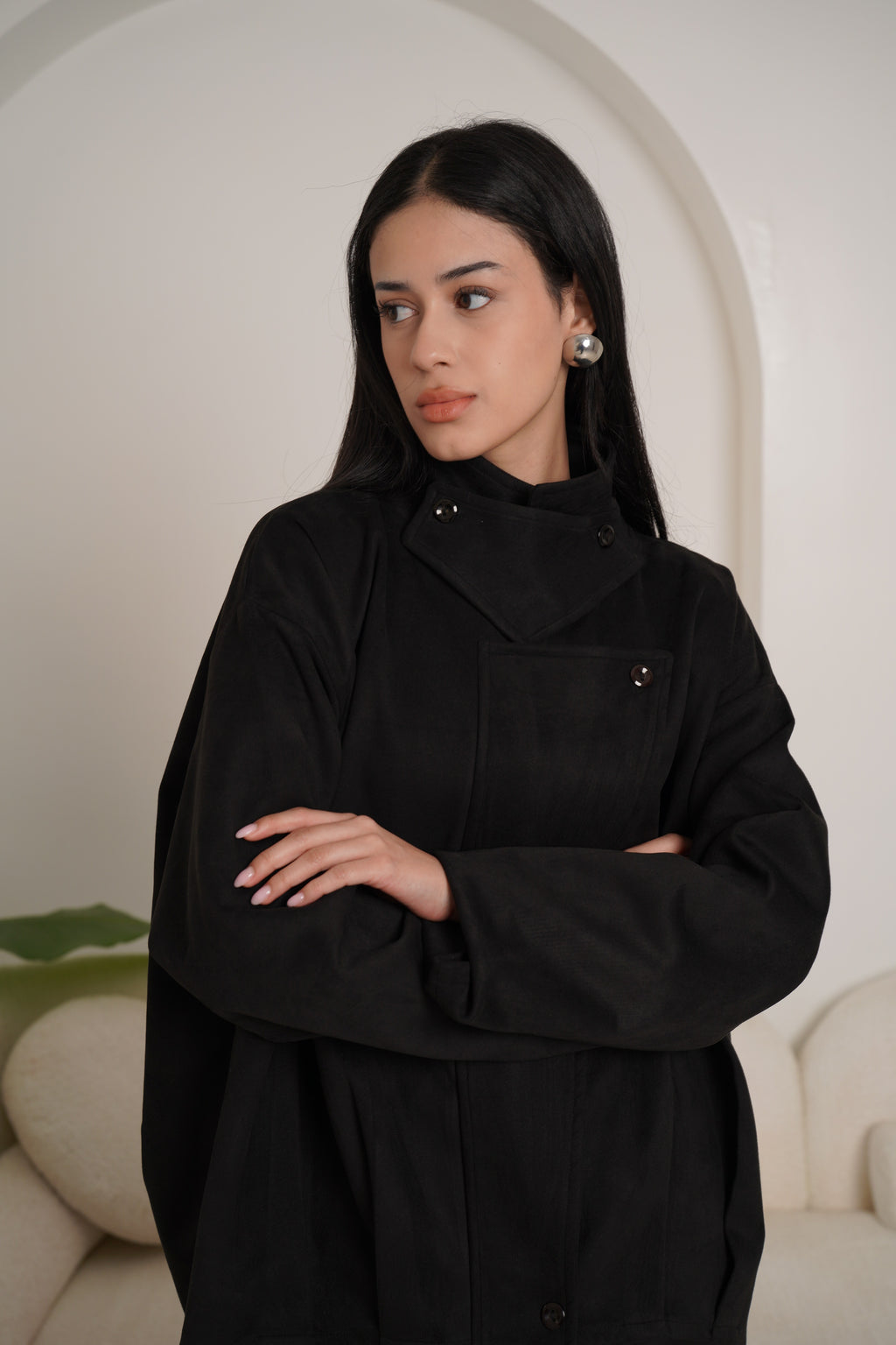 High neck chamois jacket-black