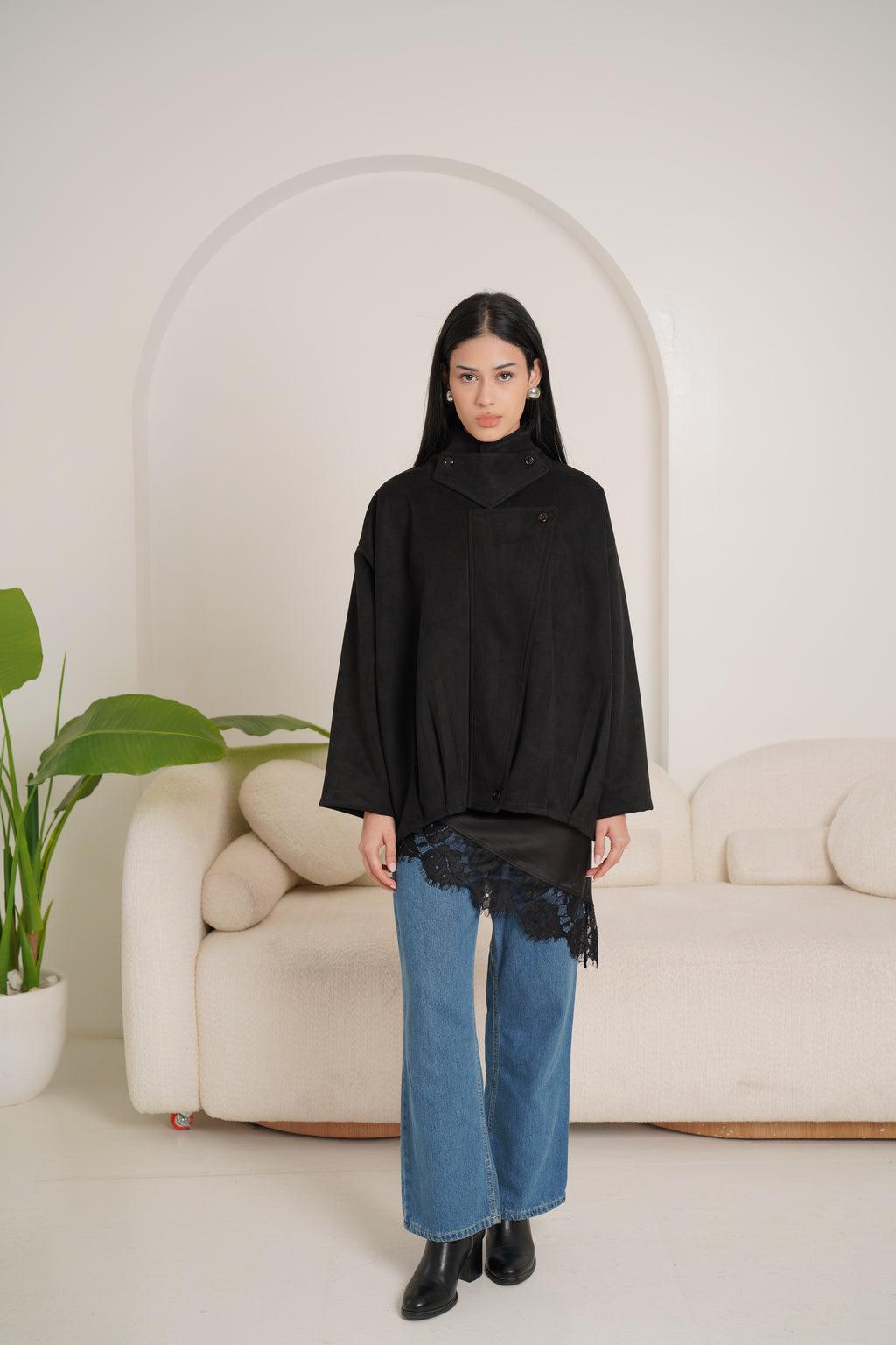 High neck chamois jacket-black