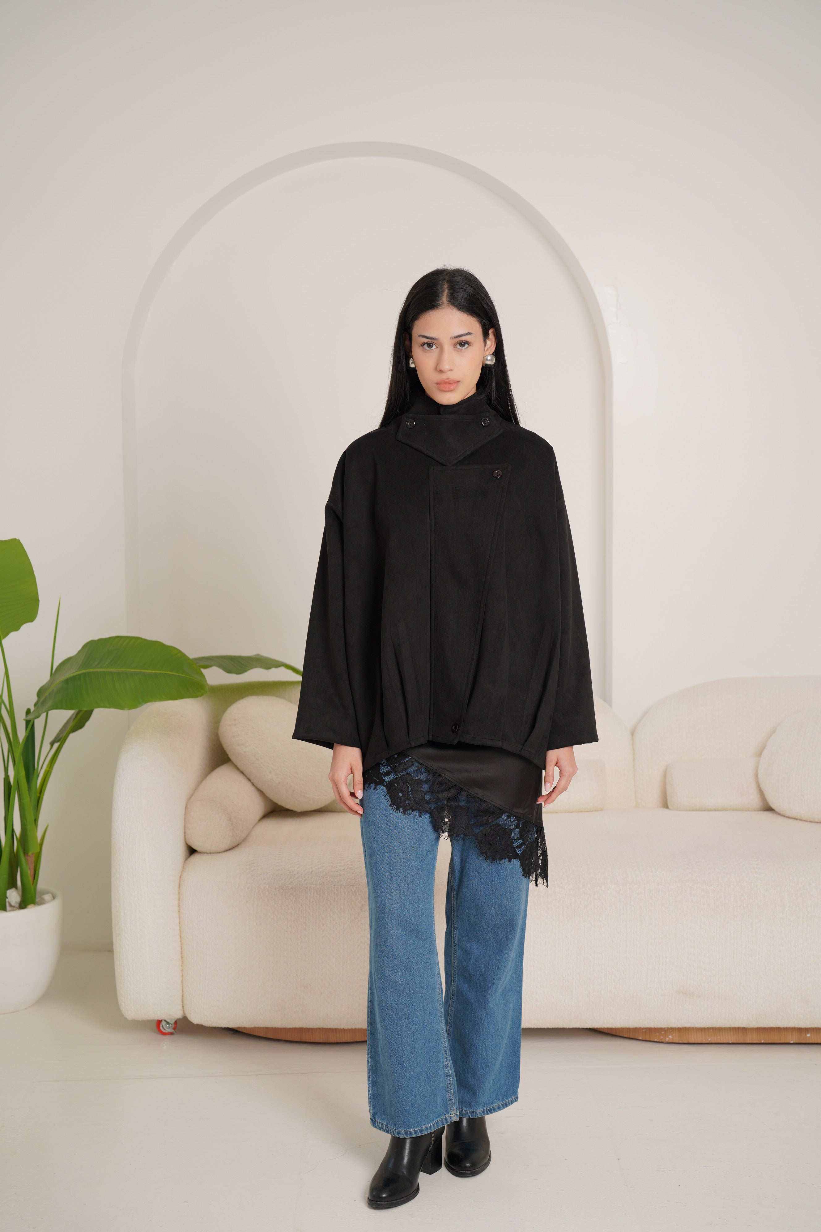 High neck chamois jacket-black