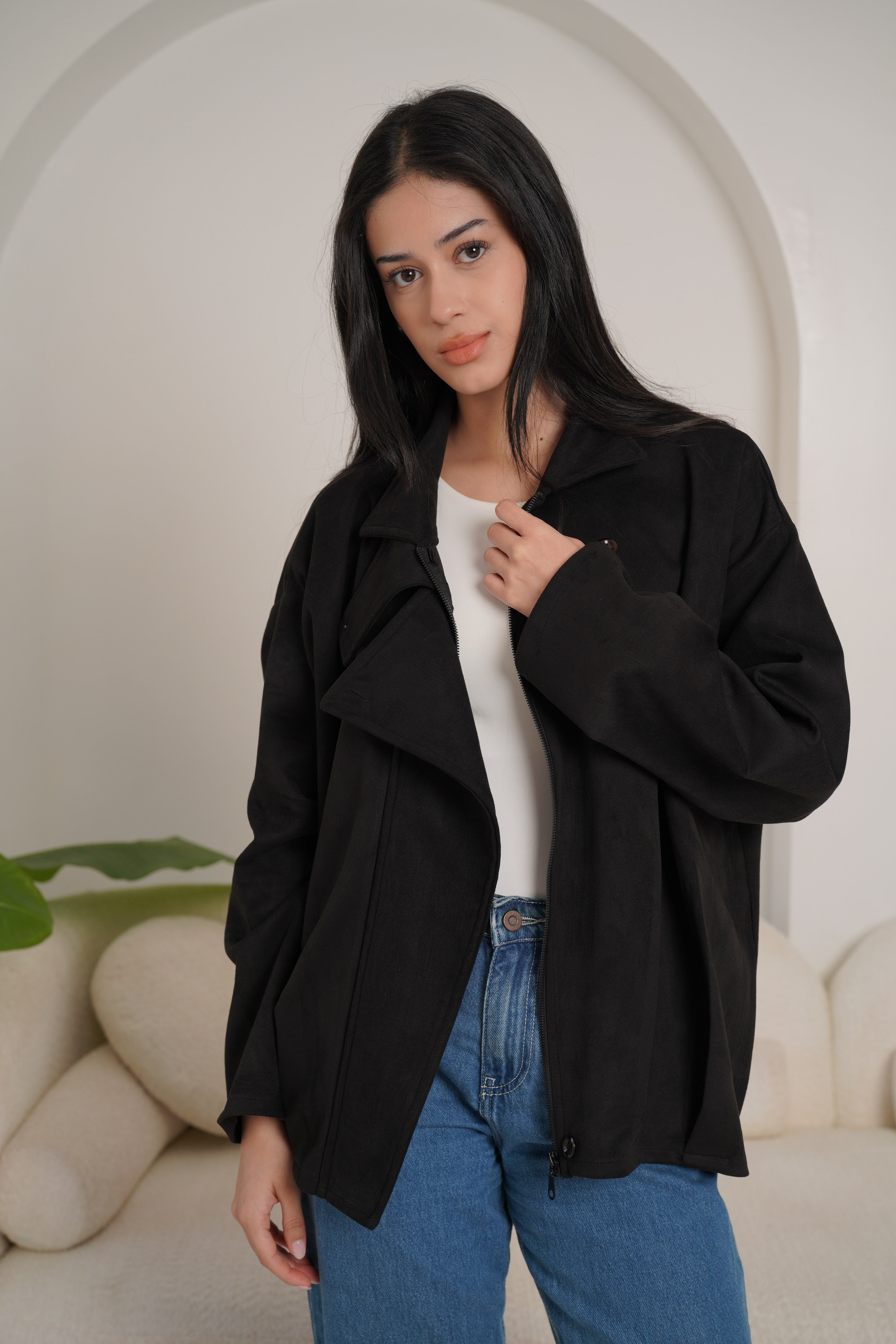 High neck chamois jacket-black