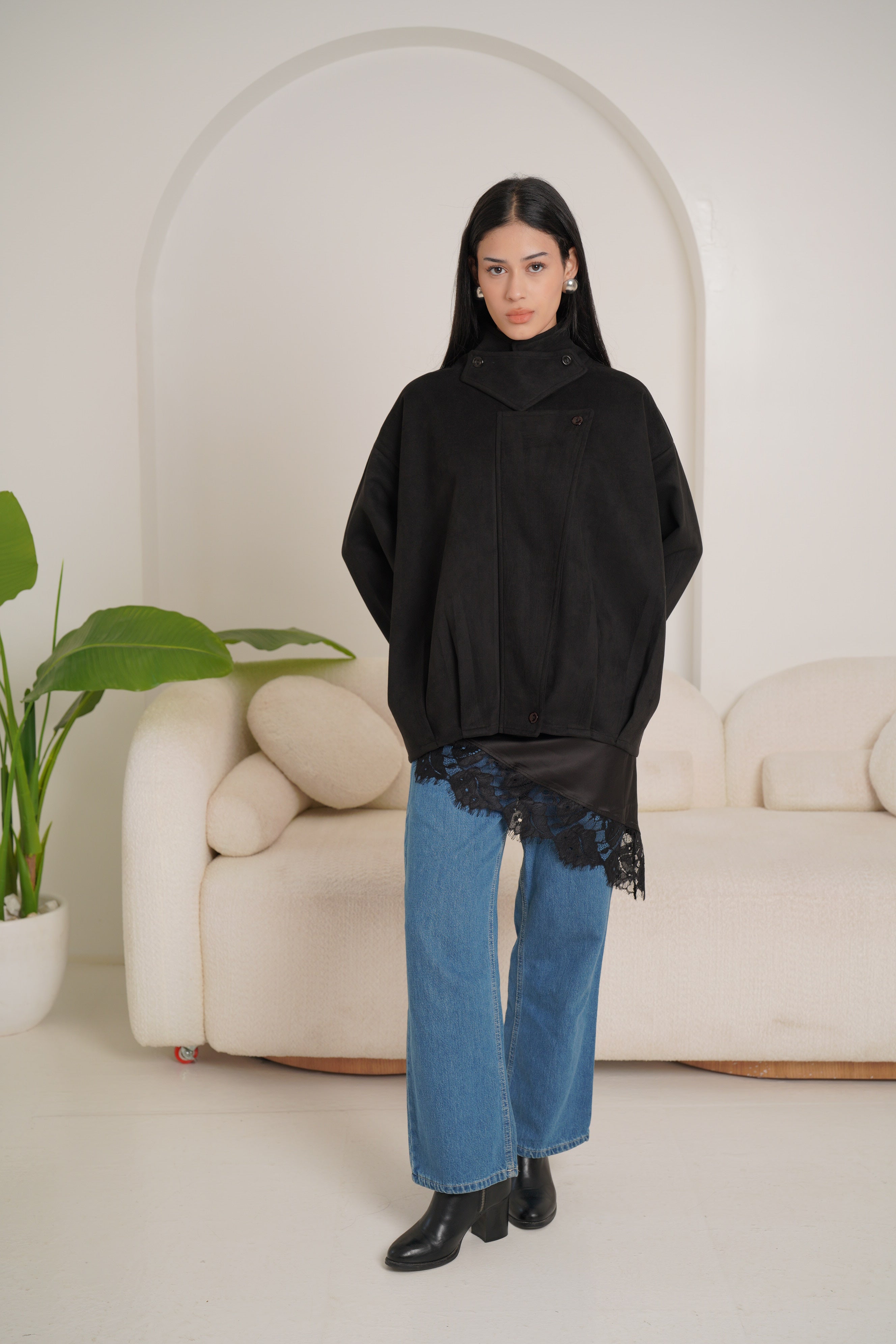 High neck chamois jacket-black